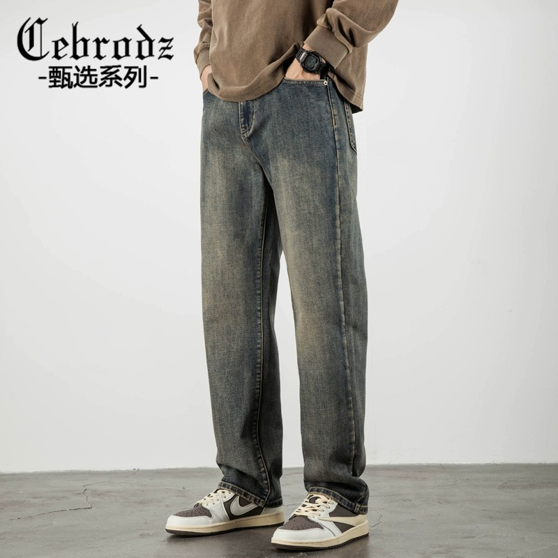 Cebrodz复古牛仔裤男2023新款潮宽松直筒裤子加绒加厚痞帅秋冬款
