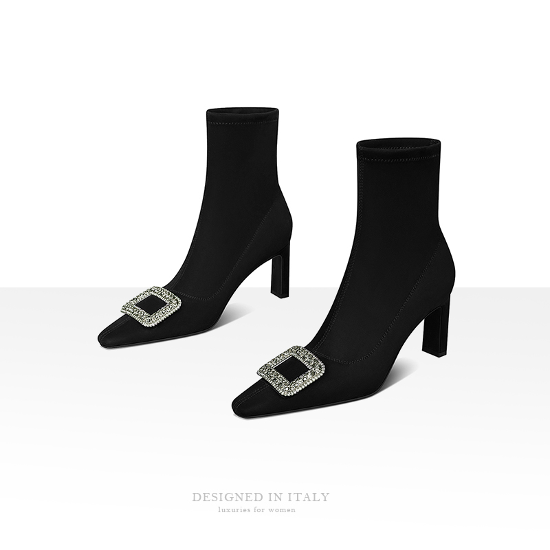 【跟高7cm】2023冬季新款靴子方头高跟鞋粗跟弹力瘦瘦短靴百搭