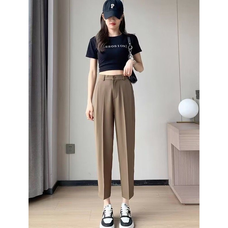 卡其色西装裤女春夏新款小个子高腰垂感显瘦职业九分直筒烟管裤子