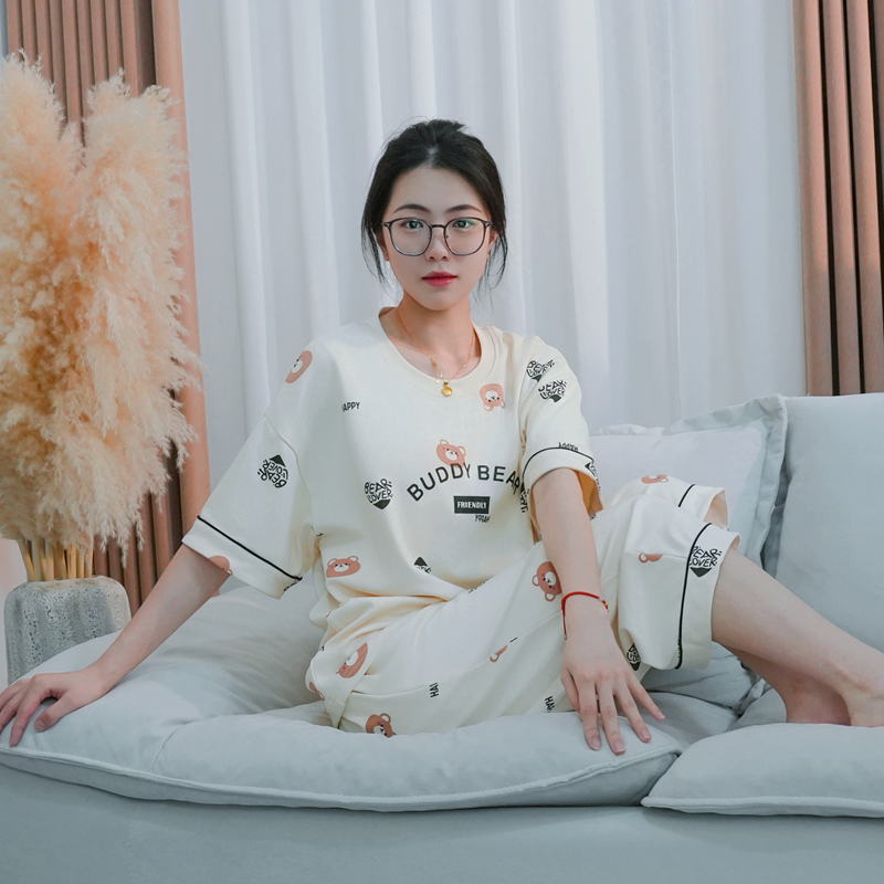 【拍一发三】睡衣夏天女薄款短袖女士七分裤裤休闲纯棉大码家居服