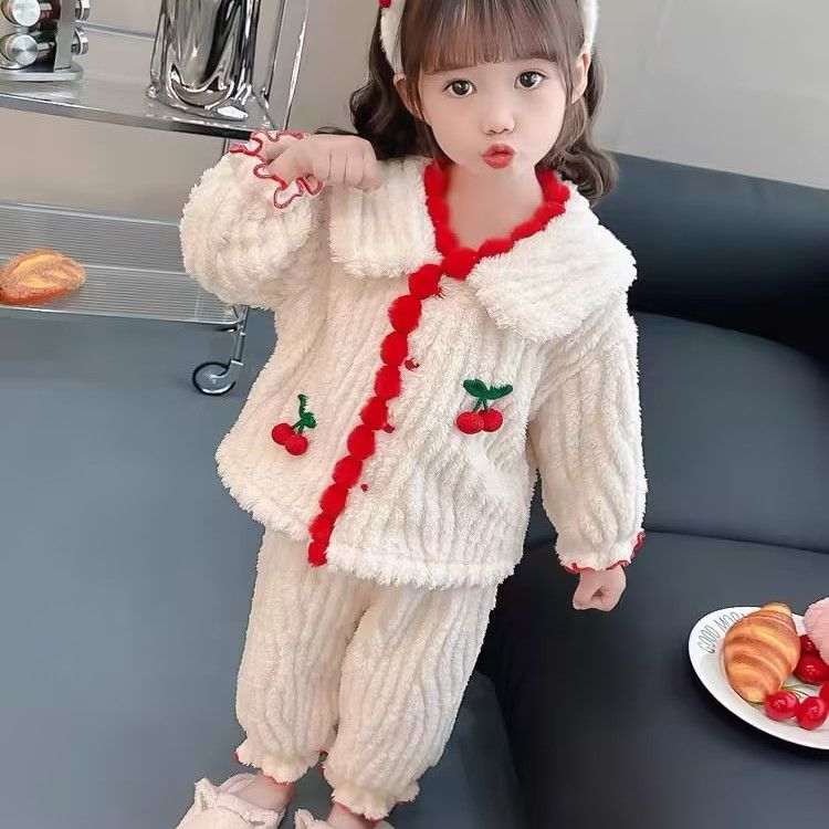 女童冬季家居服套装宝宝冬款时尚樱桃睡衣两件套儿童冬装保暖睡衣