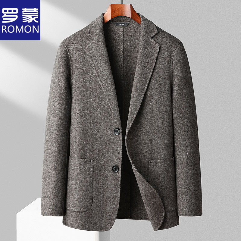 罗蒙秋冬羊毛西装高档羊绒小西服毛呢外套男款中年男士修身双面呢