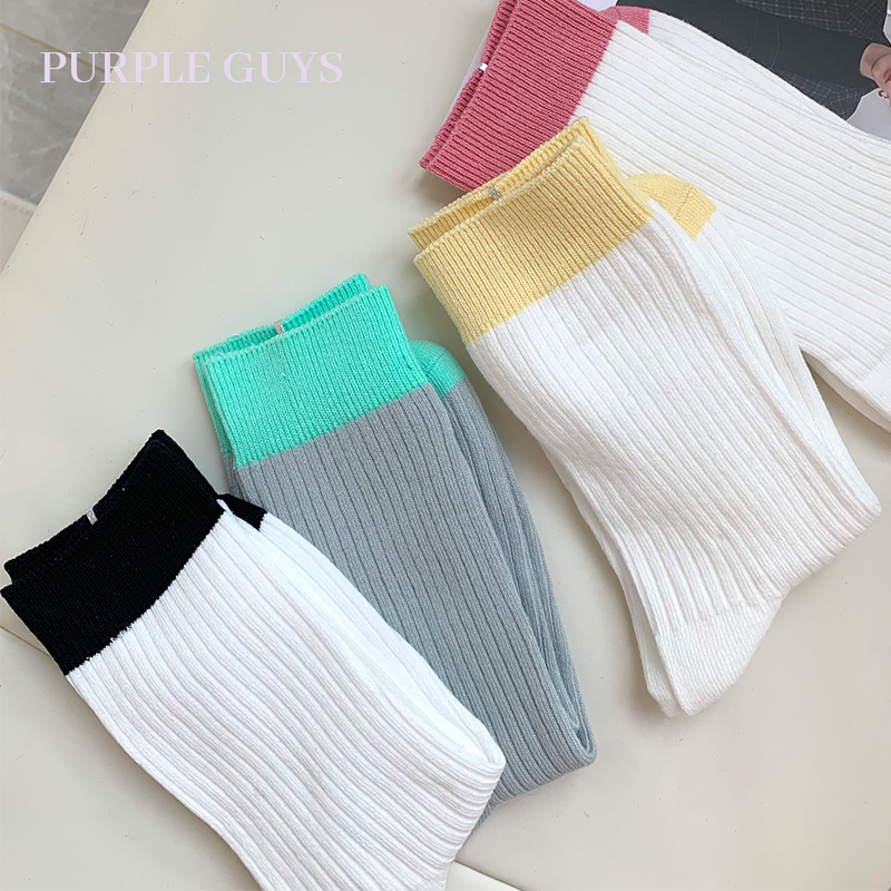 purple guys春夏撞色双针彩色袜子女薄款百搭学院风棉中筒堆堆袜