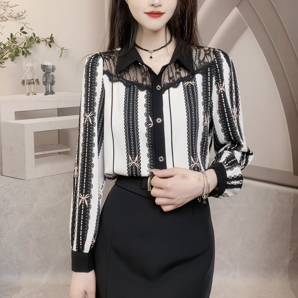 时尚长袖衬衫女秋装2023年秋季新款通勤洋气宽松蕾丝衫女气质衬衣