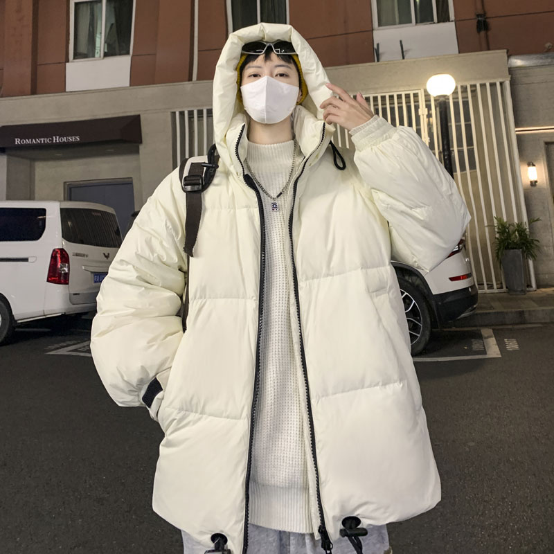 羽绒服男中长款2023新款冬季白色加厚面包服宽松连帽撞色韩版外套