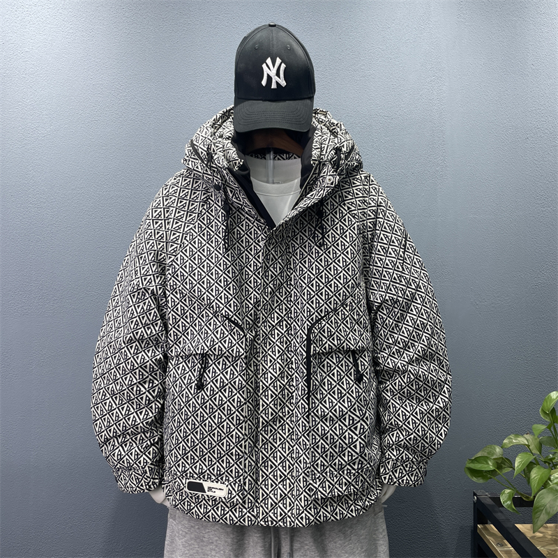 羽绒服男士冬季新款潮牌格子青少年冲锋衣加厚工装连帽保暖外套潮