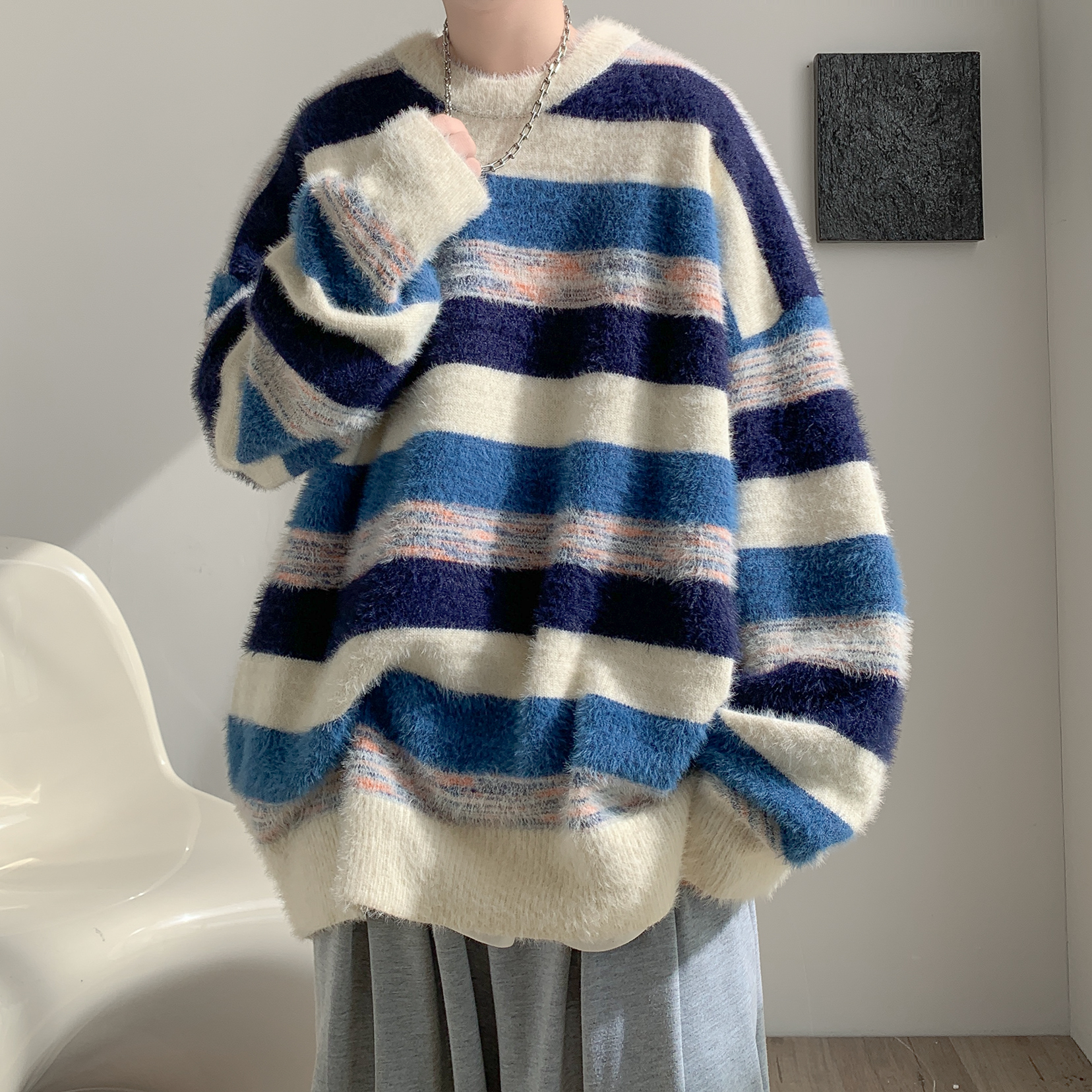 撞色拼接条纹毛衣男秋冬美式潮牌慵懒风针织衫高级感内搭打底线衣