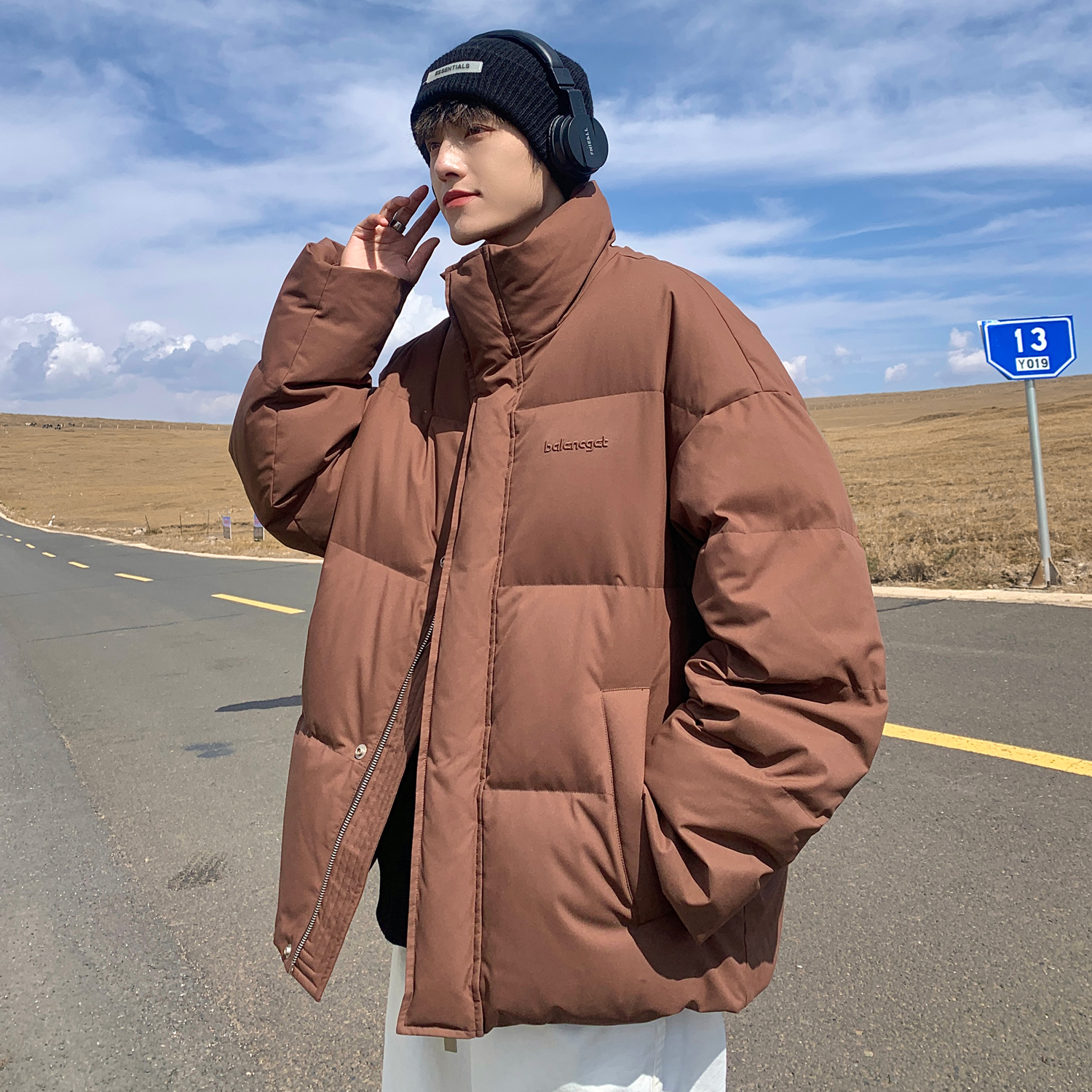 黑色高领羽绒服男款冬季美式复古宽松外套潮流百搭情侣保暖面包服