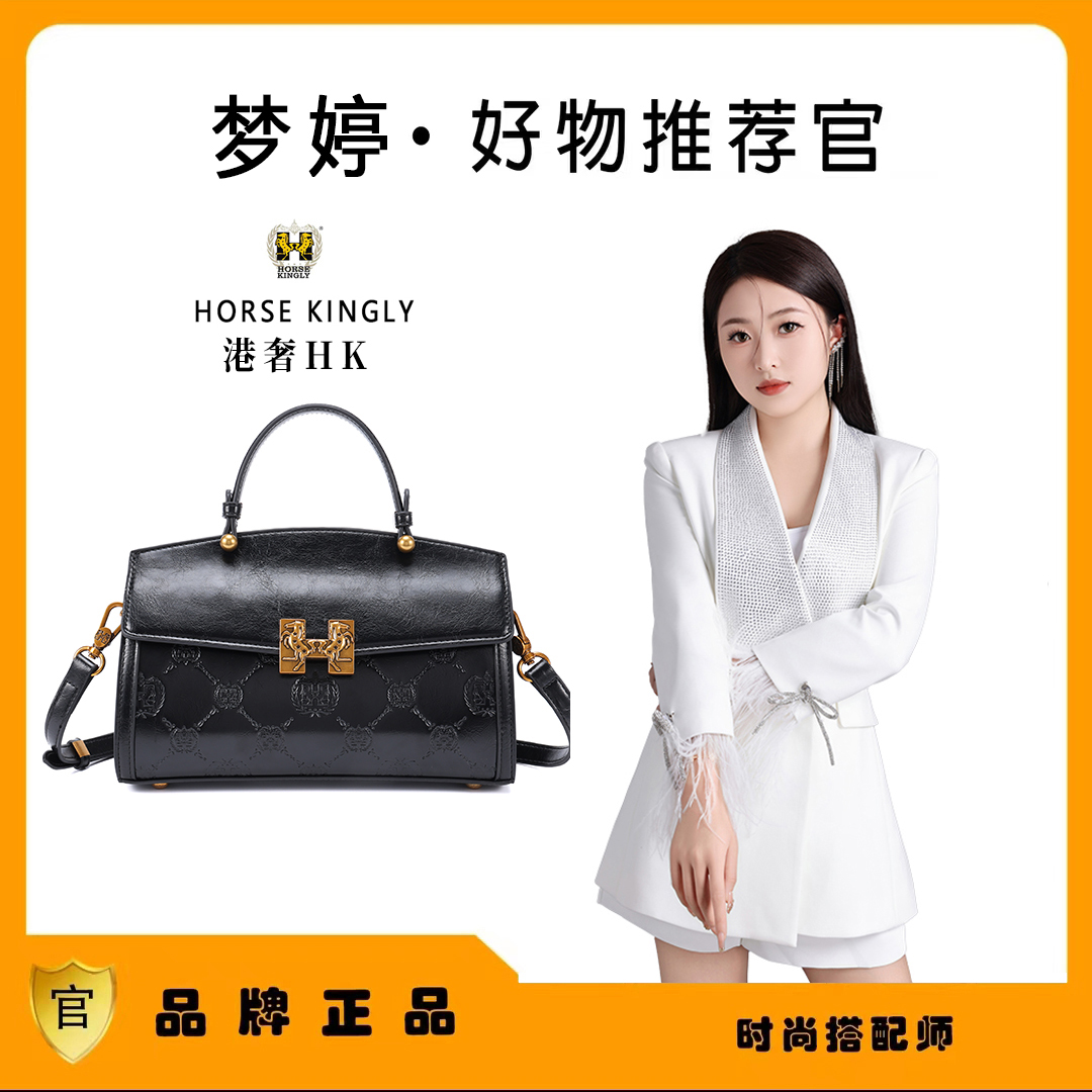 Horse Kingly 女士复古黑色简约轻奢时尚枕头包单肩手提包1103