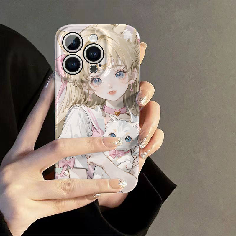 ins风猫与少女5适用苹果15手机壳13promax华为/OPPO/小米14/VIVO