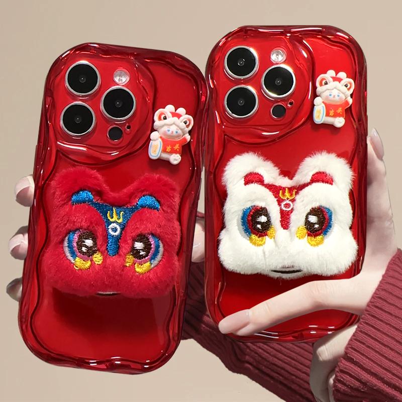 趣味毛绒舞狮支架适用苹果15promax/华为/VIVO/OPPO/小米14手机壳