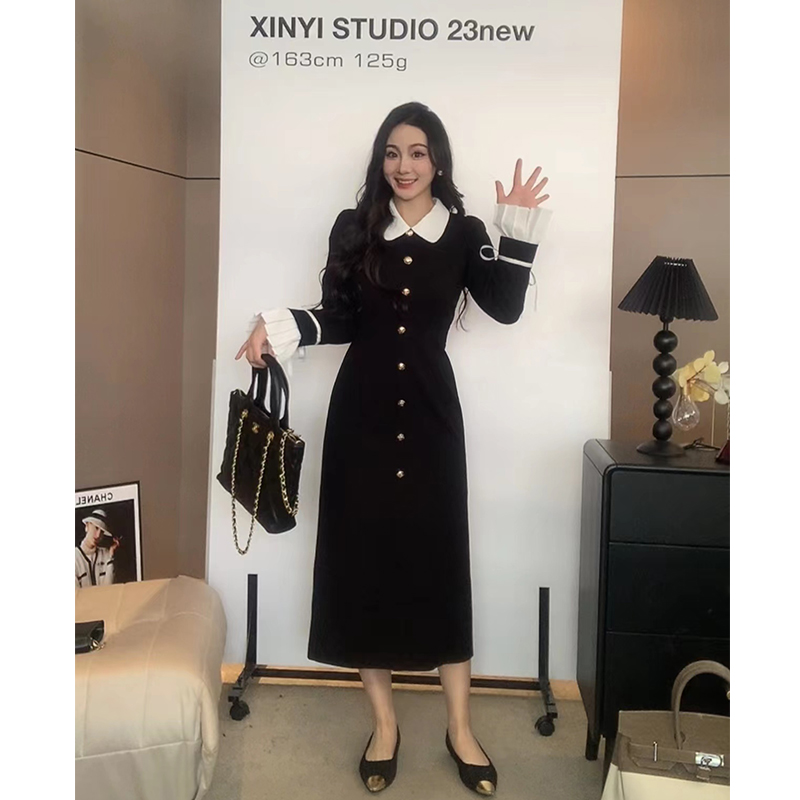 XINYI【巴黎恋人】秋冬撞色拼接连衣裙收腰显瘦气质裙X623Q07575