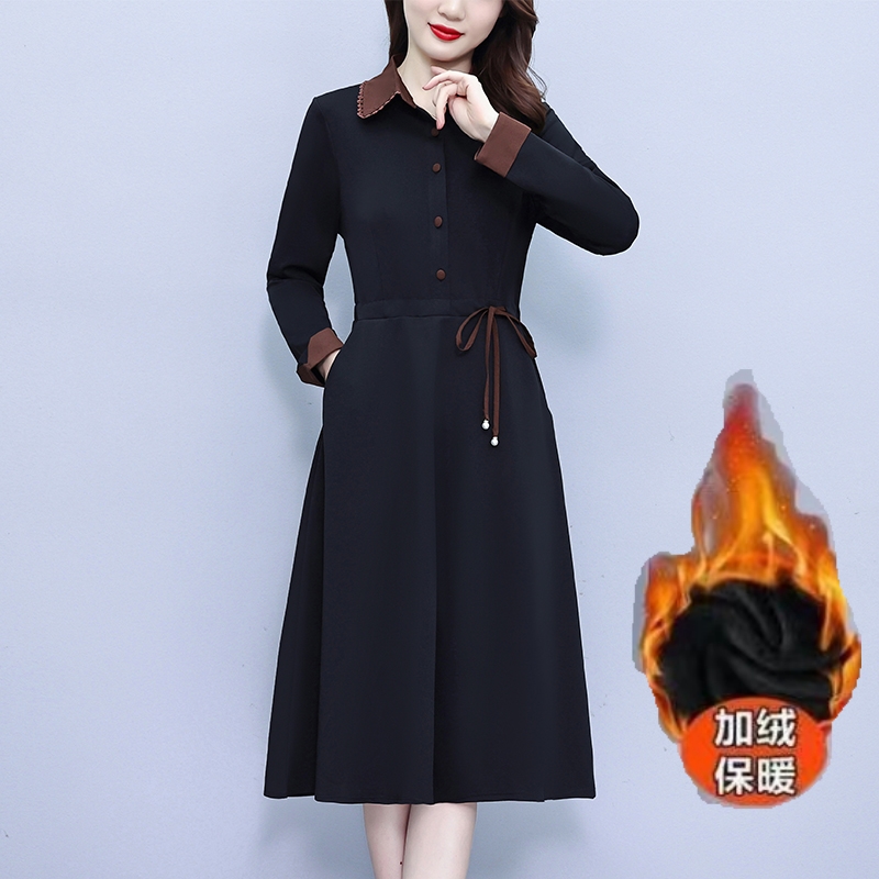 POLO领连衣裙女2023年秋季新款妈妈装洋气显瘦系带收腰中长款裙子