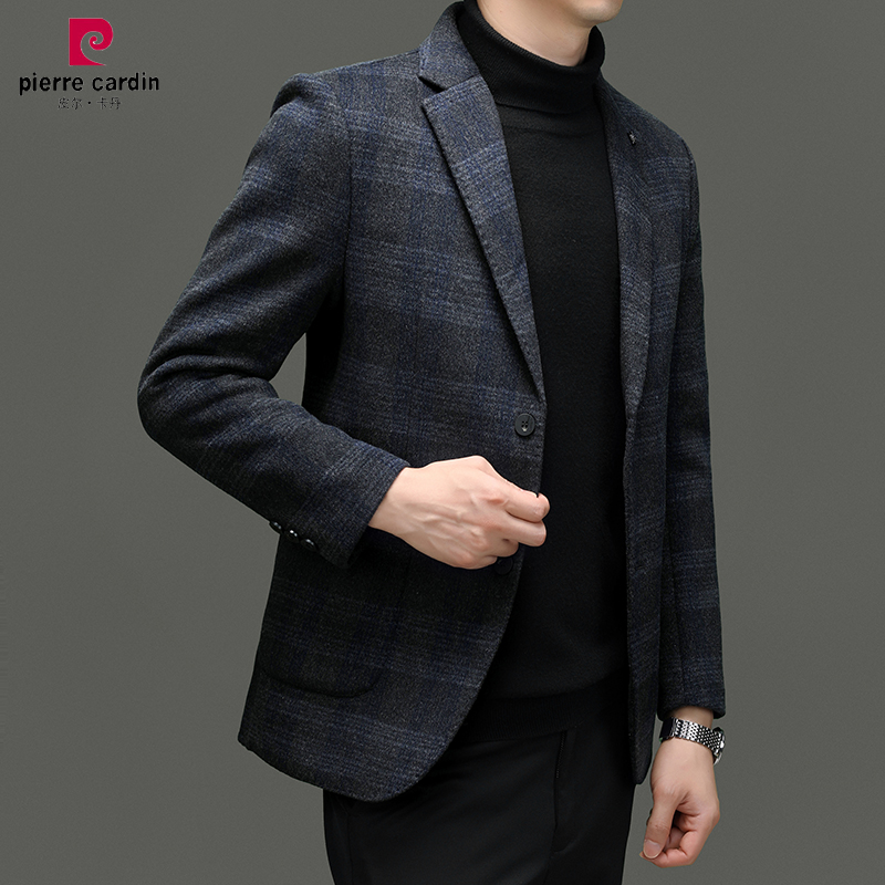 皮尔卡丹冬双面呢子含羊毛西服外套男加厚小西装休闲毛呢便西正品