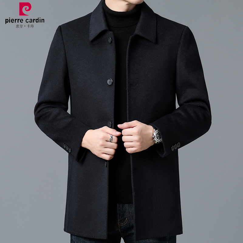 皮尔卡丹含羊毛双面呢子大衣可脱卸鹅绒内胆中年中长款休闲羊毛呢