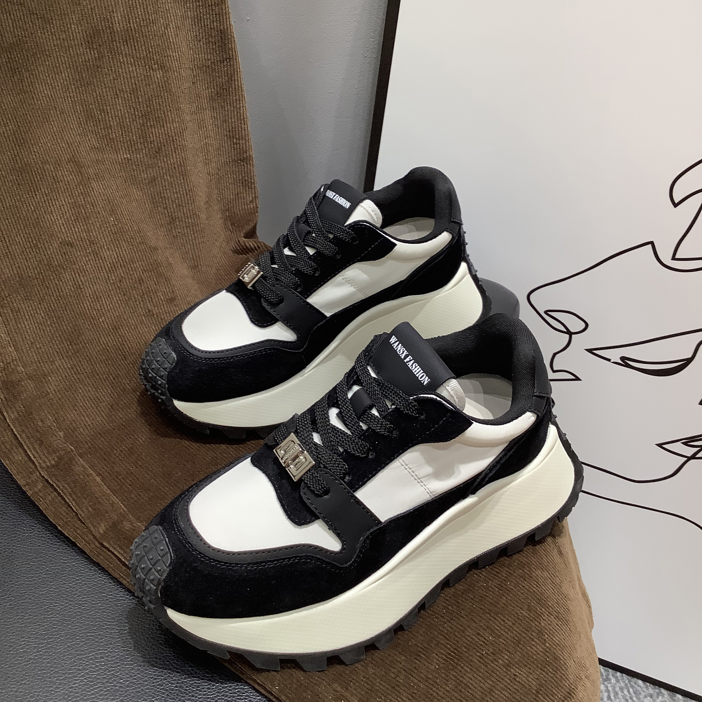 （甘姐）熊猫阿甘鞋厚底透气百搭拼色潮流真皮女鞋（跟高6CM）