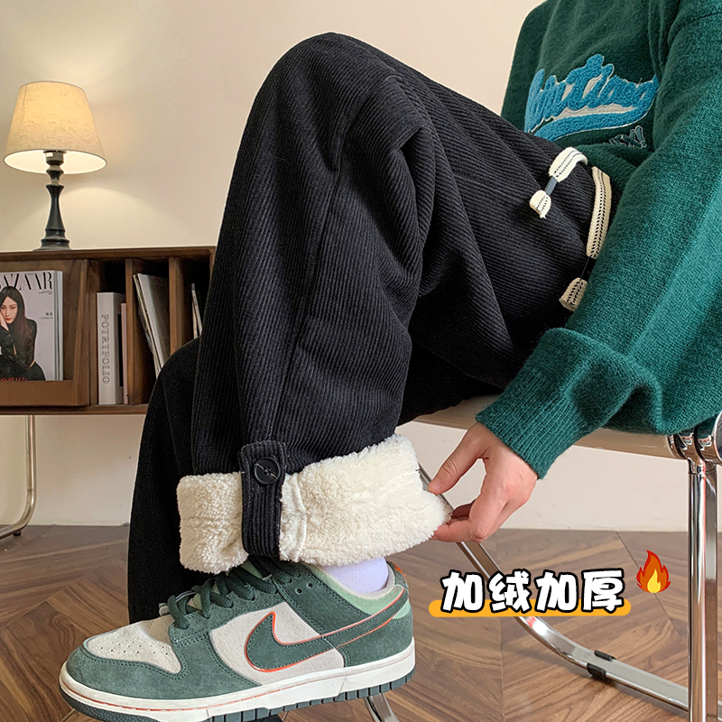 仿羊羔绒裤子男冬季加绒加厚卷边裤脚高街卫裤直筒阔腿宽松休闲裤