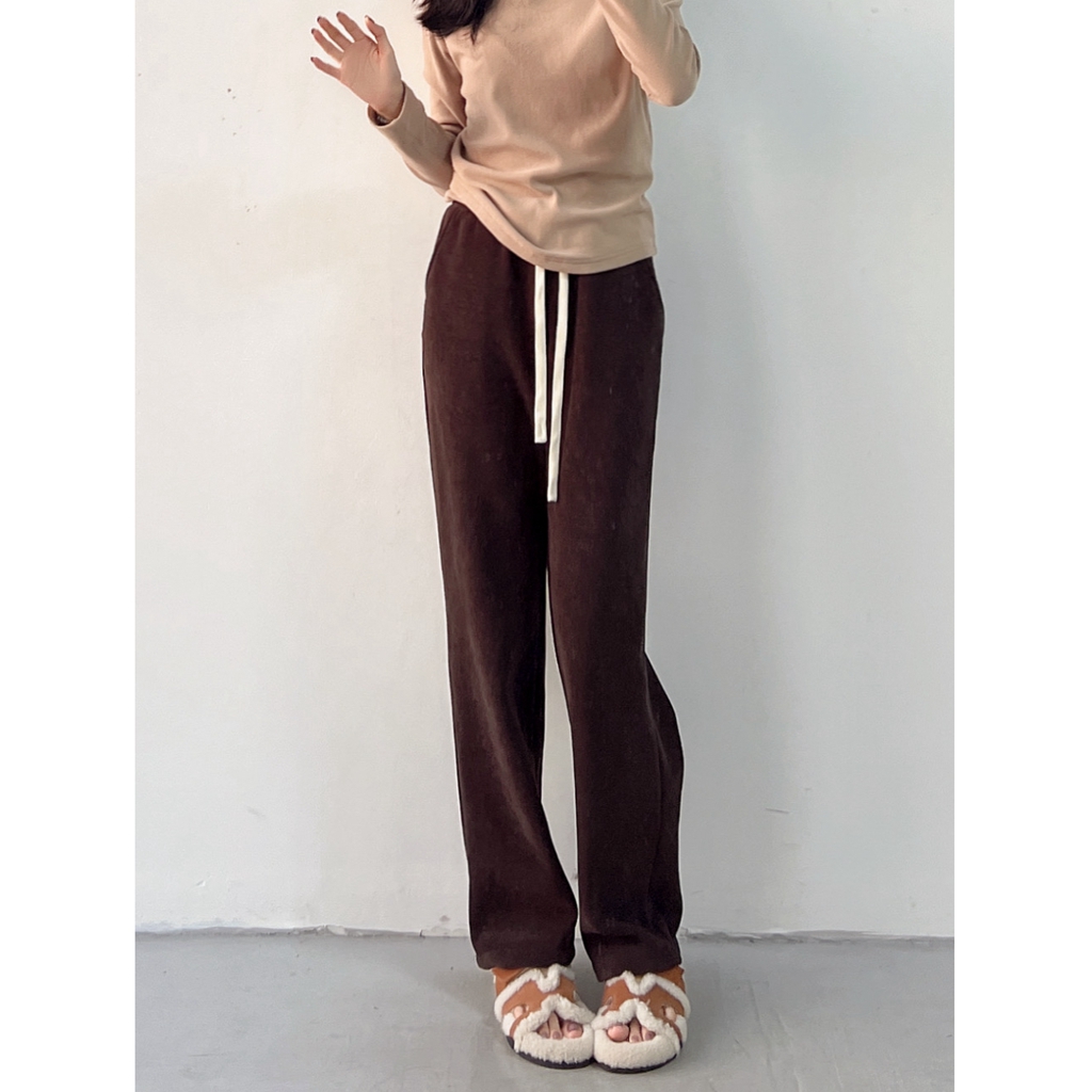 【蓝羽老板娘】秋冬新款加绒加厚高腰窄版直筒长裤拖地裤