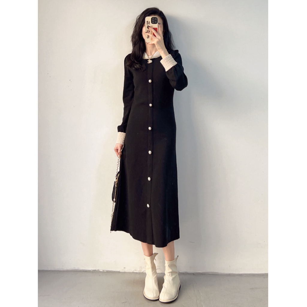 【蓝羽老板娘】遗珠 短款/长款黑色连衣裙女重工法式小黑裙复古针织