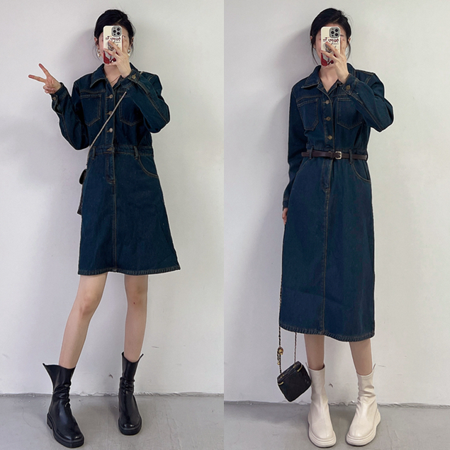 现货 加绒牛仔裙短款/长款 软软的很保暖 复古的连衣裙