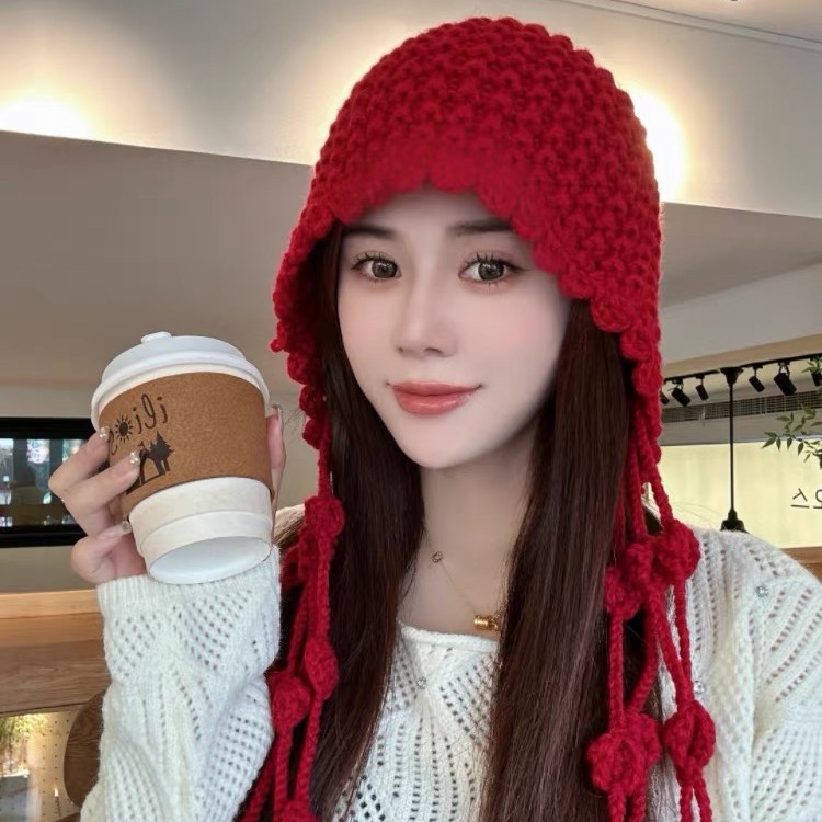 手工流苏球球帽保暖帽包头帽女冬天护耳绑带帽时尚编织韩版秋冬