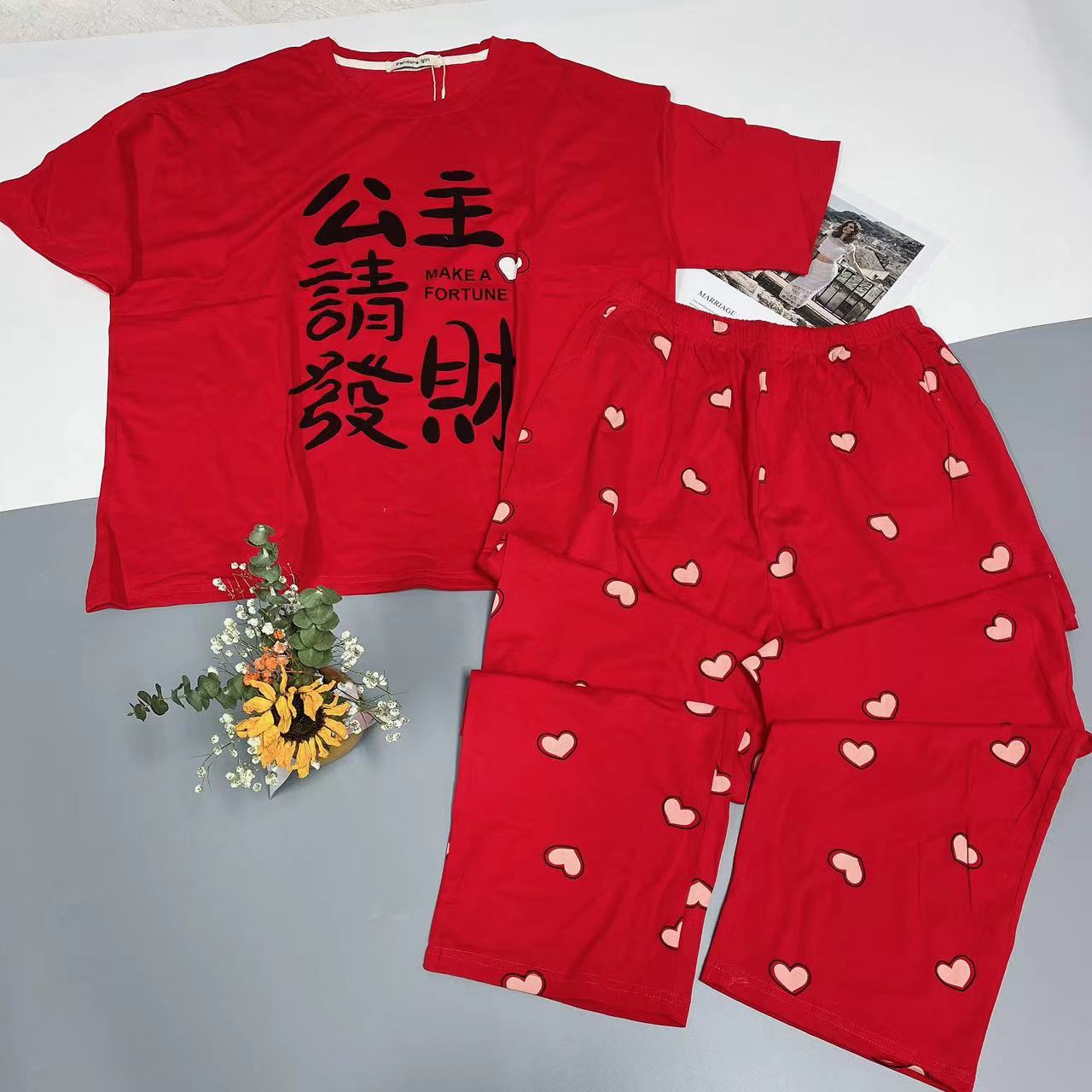 新年红色 宽松休闲喜庆圆领薄款套装时尚印花长款家居服100-170