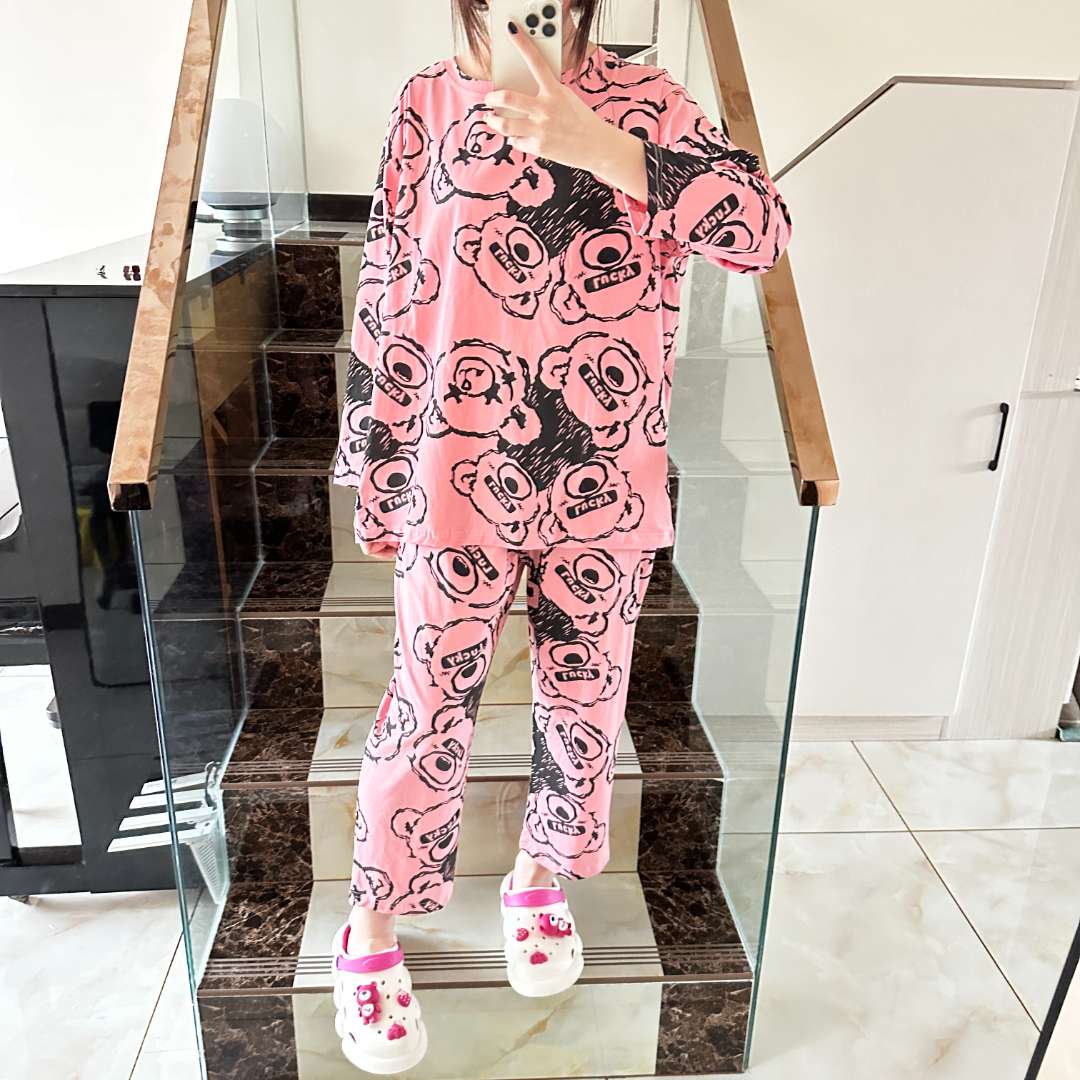 新款纯棉睡衣女套装长袖时尚舒适休闲女士宽松大码圆领秋冬家居服