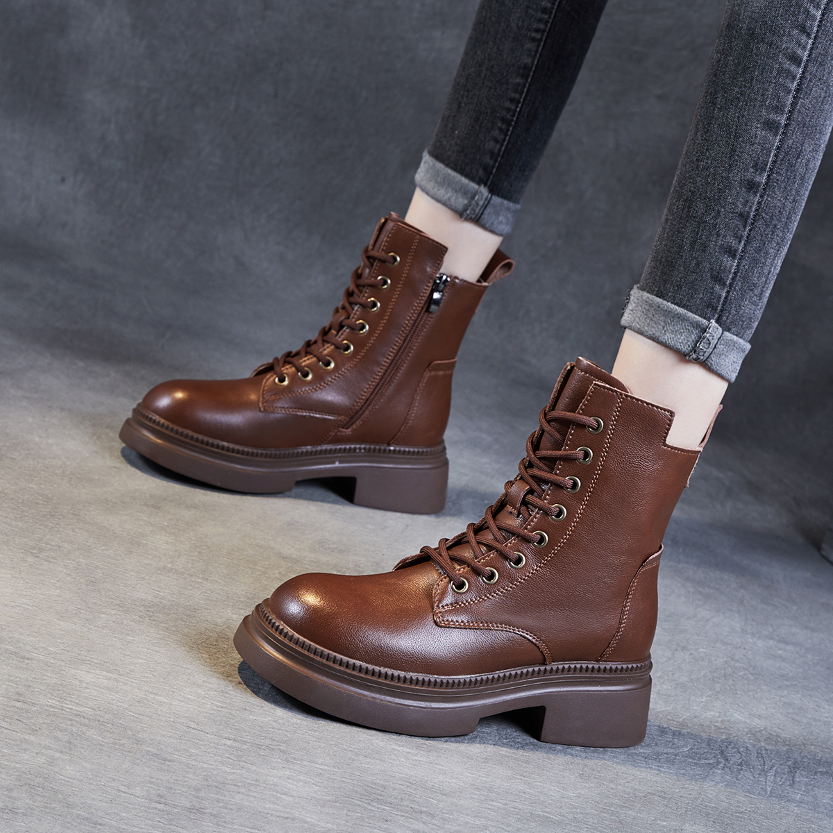 【5公分】23秋冬新款时尚百搭复古马丁靴真皮厚底圆头粗跟短靴子女