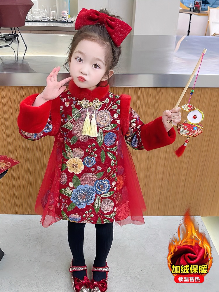 女童中国风旗袍裙宝宝加绒连衣裙冬装2023新款女孩儿童唐装拜年服