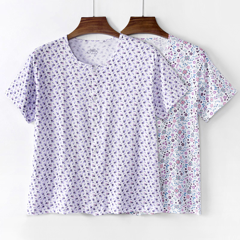 短袖开衫女T恤套装长裤中老年妈妈夏季纯棉家居服女夏天宽松大码
