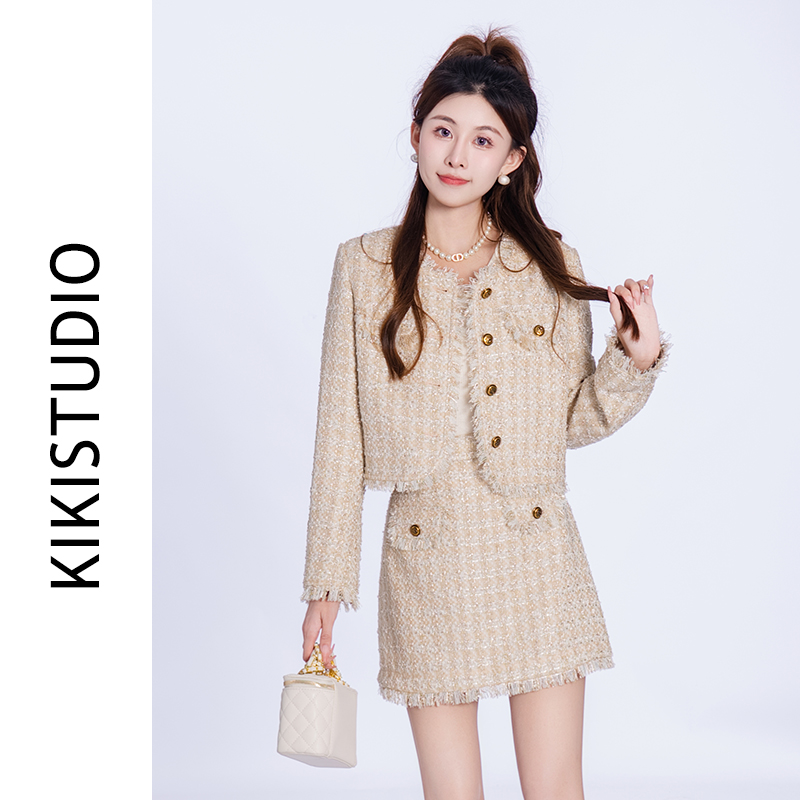 【MISS.K摩卡】秋冬新款时尚手工流苏边小香风外套半裙两件套装裙