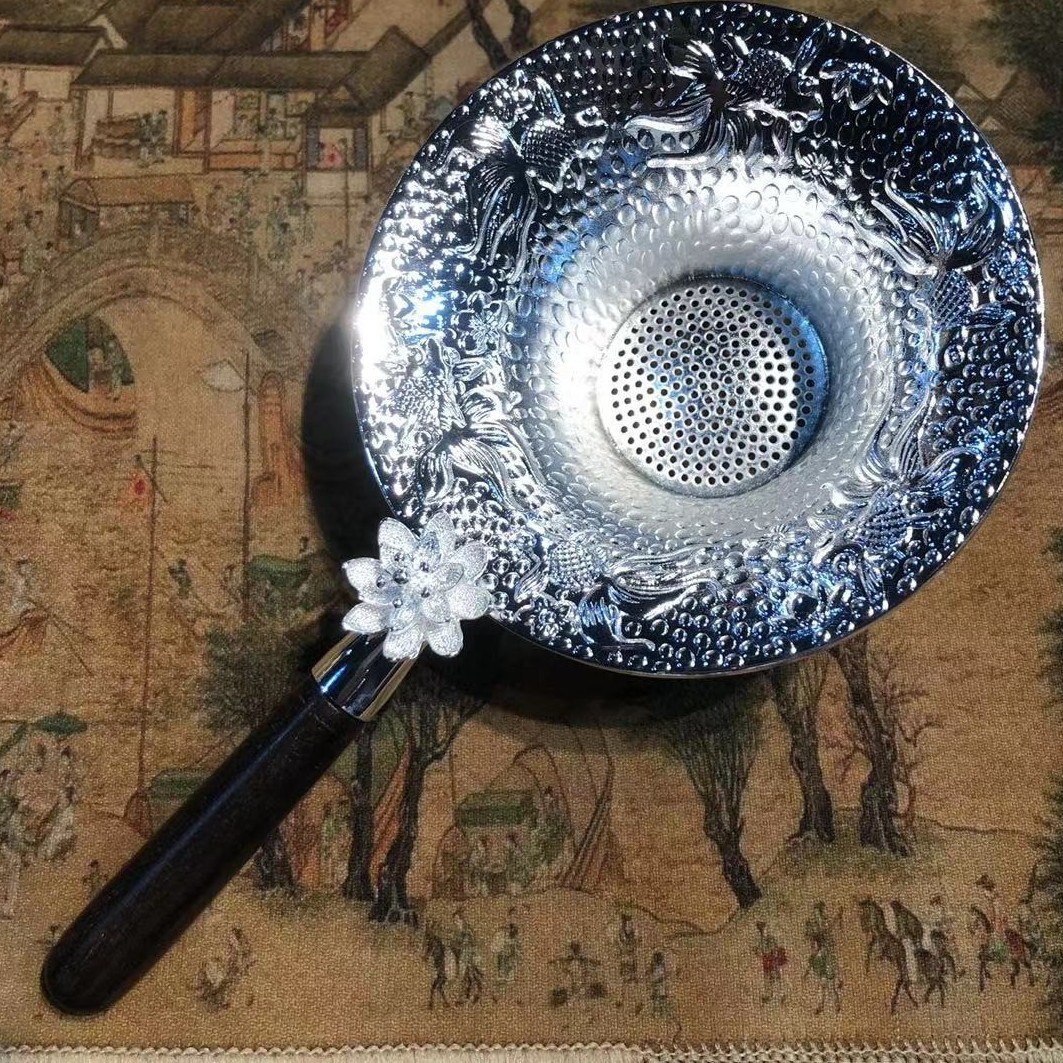 手工复古合金茶漏茶叶滤网茶道零配木柄鎏银茶漏B539