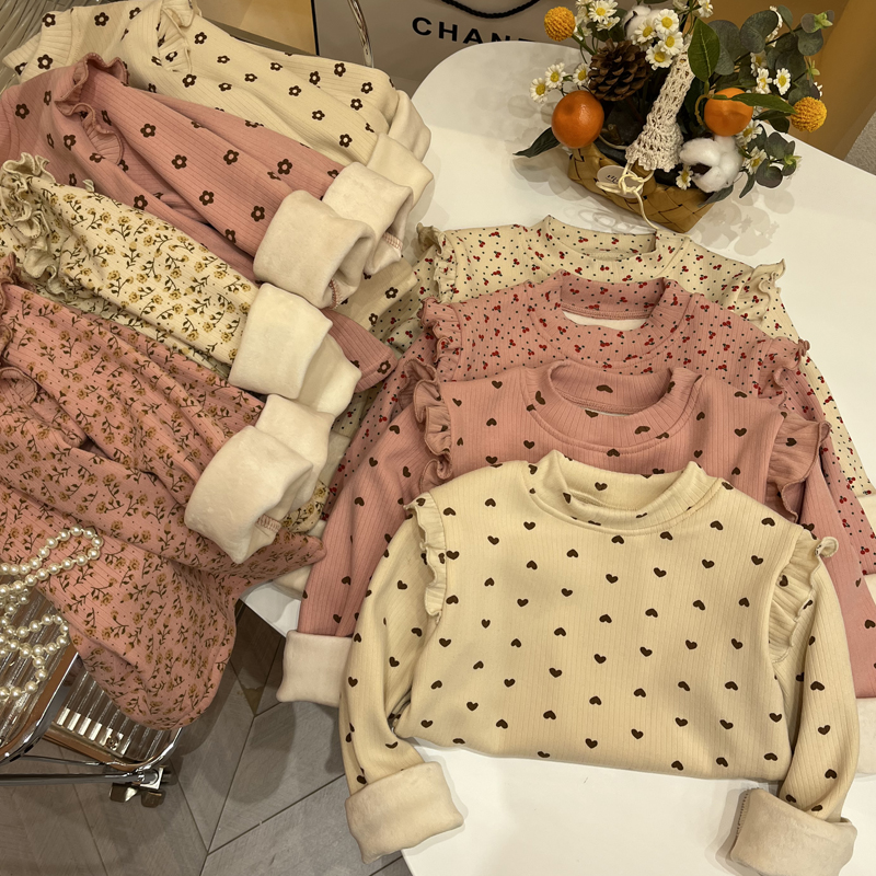 女童加绒小飞袖打底衫秋冬季新品碎花长袖T恤儿童甜美一体绒卫衣