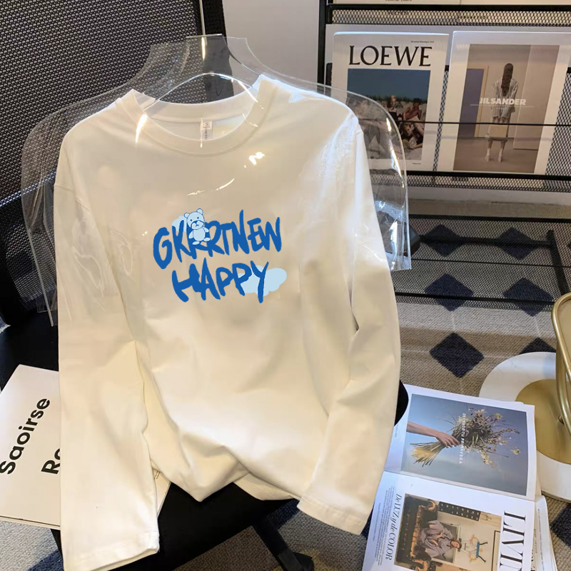 夏季新款休闲上衣男女同款长袖圆领印花设计感打底衫-侧熊