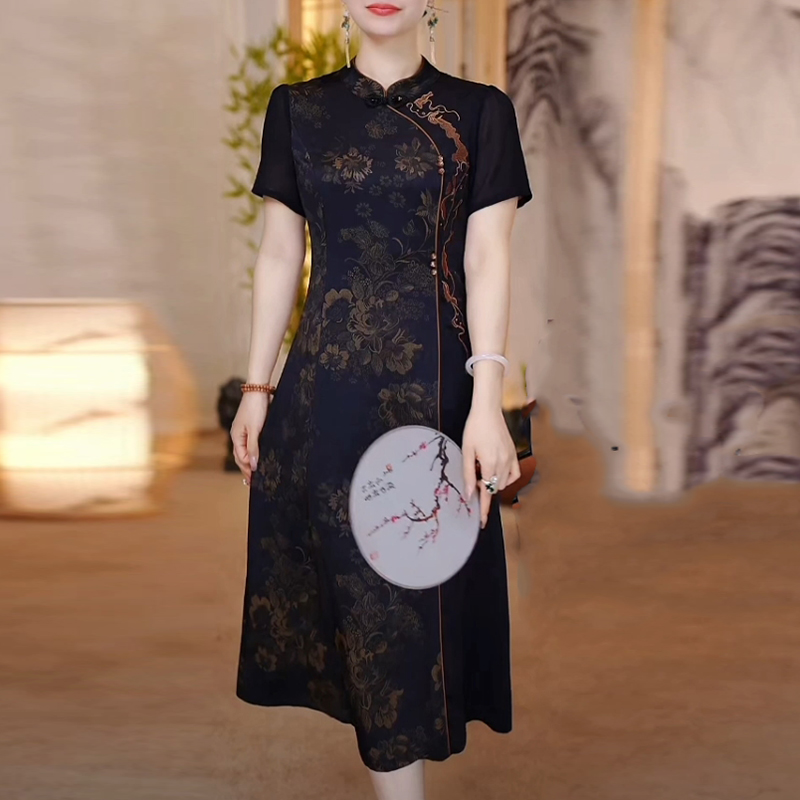 珍珠缎新中式国风女装2024夏季新款时尚气质复古黑色印花连衣裙子