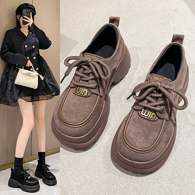 【KD】松糕小皮鞋女2024早春新款英伦风复古小个子增高系带式单鞋