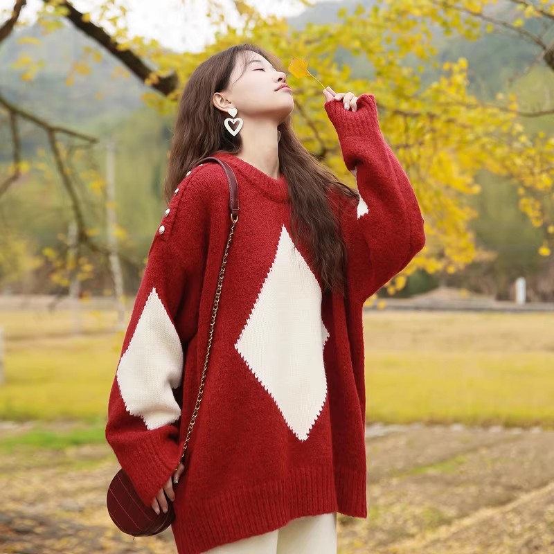 秋冬慵懒风圣诞红色宽松套头毛衣女2023年新款洋气孕妇针织衫上衣