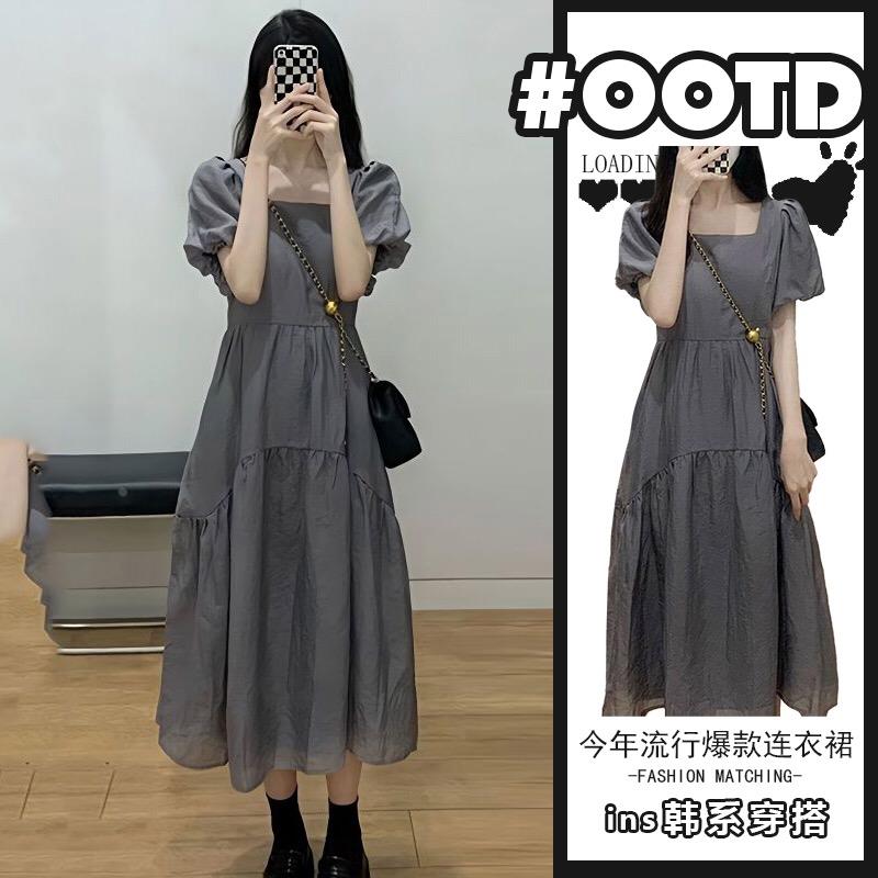 孕妇连衣裙夏季2024新款法式复古长裙夏款大码宽松泡泡袖夏装裙子