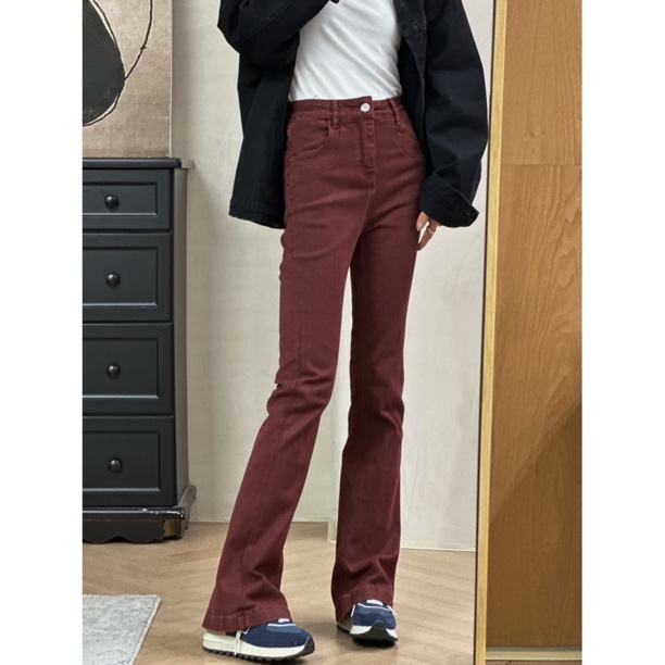 复古时髦精 酒红色/咖色 显瘦绝了！复古做旧喇叭牛仔裤  9533