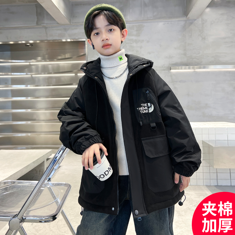 童装男童加棉外套2023新款秋冬款男孩加厚夹棉中大儿童薄棉服冬装