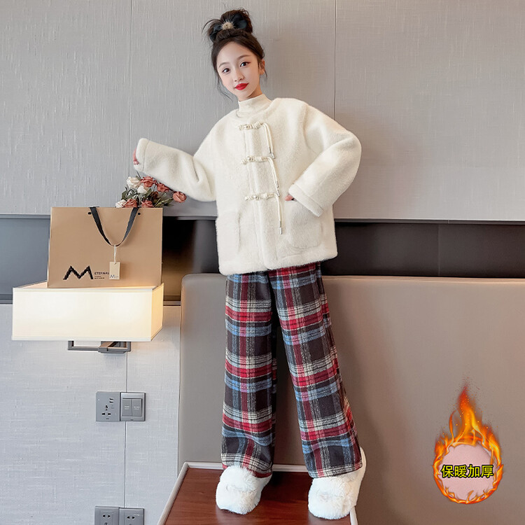 女孩中国风皮毛一体羊羔毛外套中大童洋气2023秋冬季新款唐装套装