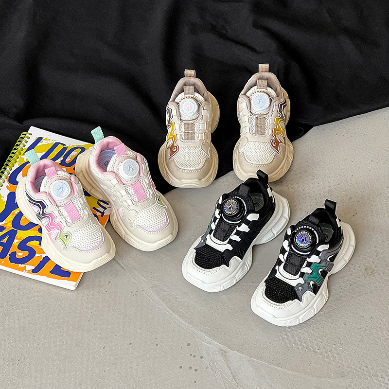 儿童运动鞋春秋季新款时尚春季板鞋中大童旋转纽扣网面透气跑步鞋