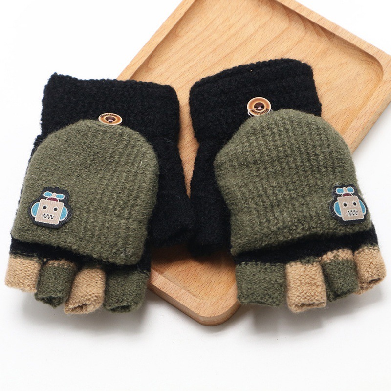 儿童手套秋冬天保暖翻盖加厚半指女童可爱女孩小学生中童五指男童