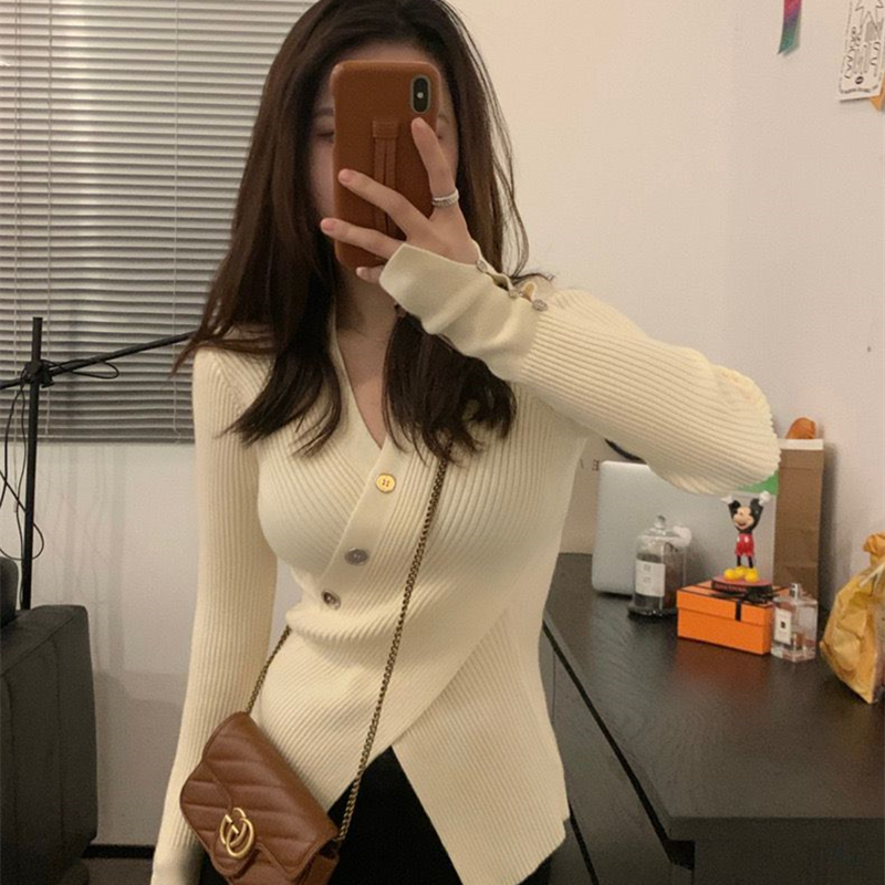 春秋季新款针织衫上衣女设计感V领不规则修身显瘦百搭针织衫女