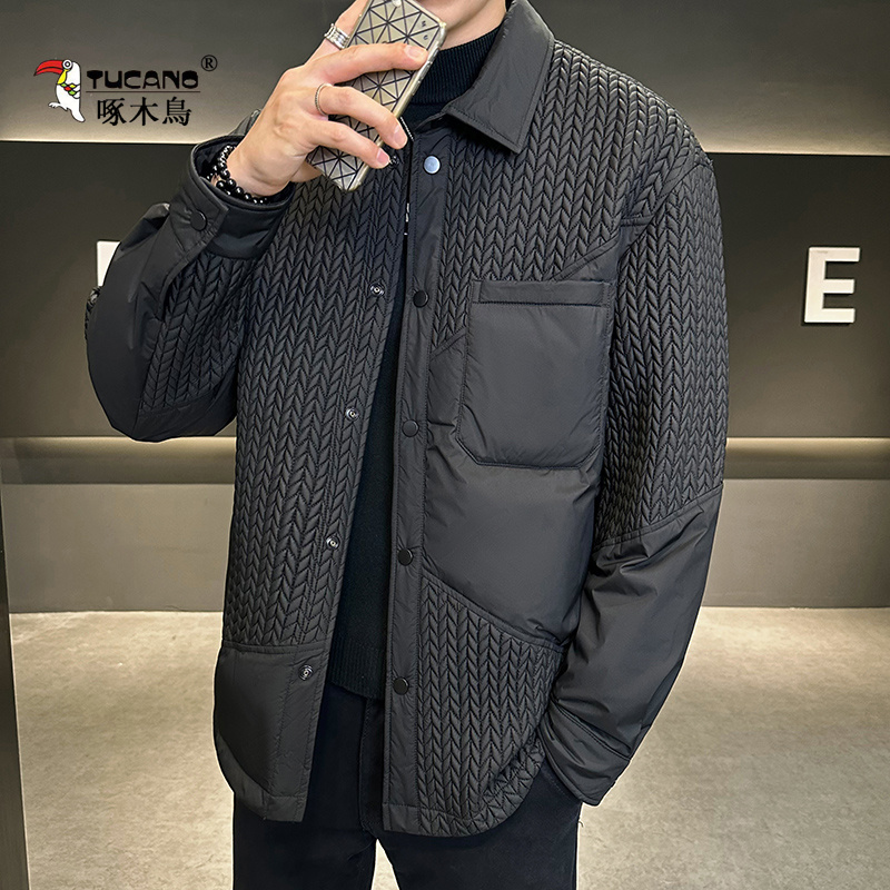 啄木鳥冬潮牌时尚翻领羽绒服男短款宽松麦穗衬衫领白鸭绒保暖外套