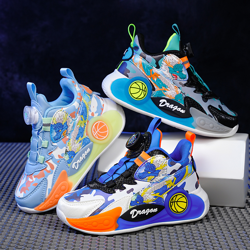 龙队长儿童鞋春季皮面透气时尚旋转纽扣中大童炫酷百搭男童篮球鞋