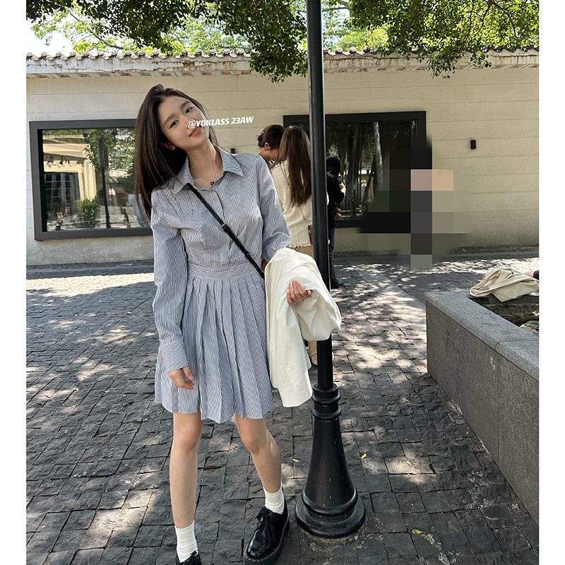 王少女的店 蓝色高腰显瘦气质连衣裙条纹衬衫设计感裙子L06084S33