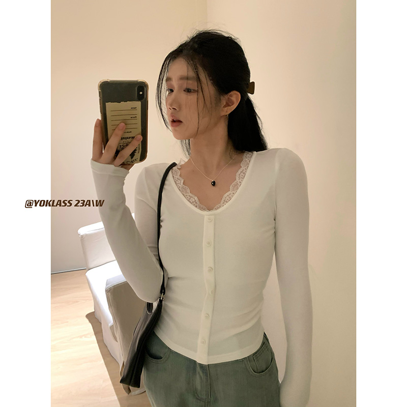 王少女的店 米白色小众修身显瘦打底V领拼接蕾丝针织衫 Z10699S34