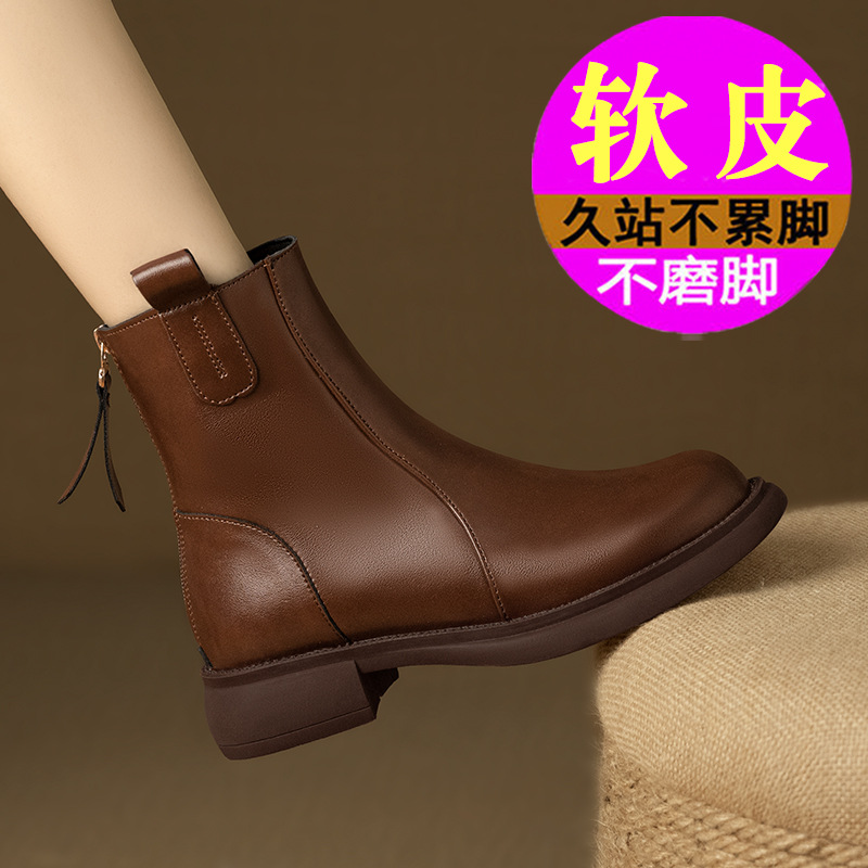 冬季加绒新款女靴百搭短靴靴子小短靴真皮短靴女士短靴洋气高跟