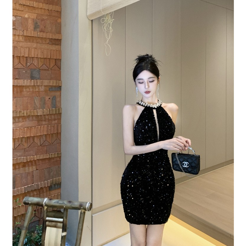 新款丝绒亮片手工钉珠无袖礼服修身显瘦连衣裙子短款有胸垫女装潮